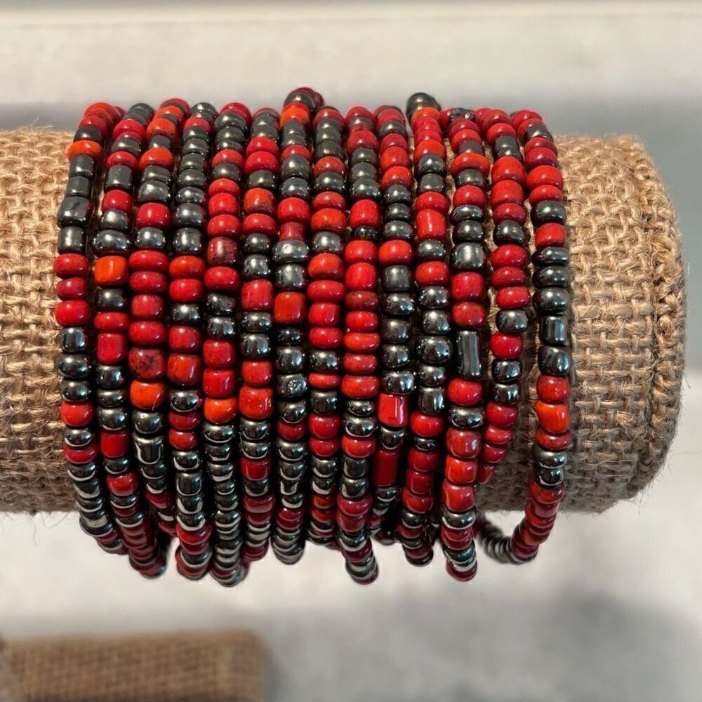 Vtg Anthropologie Multi-strand Chunky Wood Buckle Hematite Seed Beads Bracelet R
